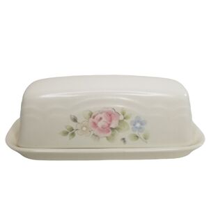 Tea Rose Pfaltzgraff Covered 1/4lb Butter Dish Pink‎ Blue Floral Stoneware USA